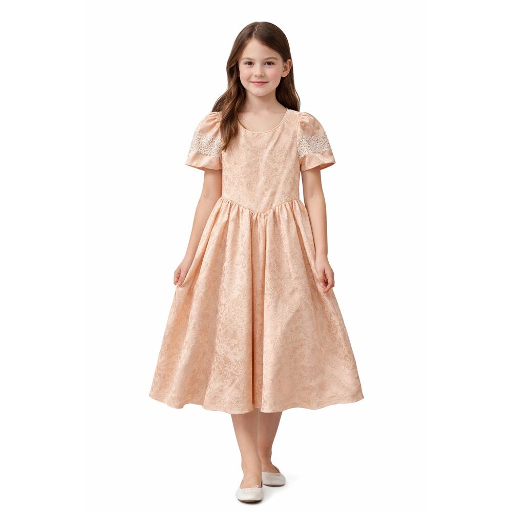 1990s Alfred Angelo Dream Maker Peach Brocade Lace Flower Girl Dress USA Made 12